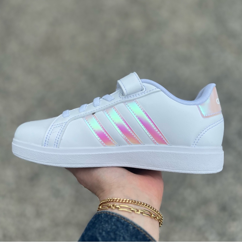 851 | Adidas Grand Court Kids Girls White Sneakers with Iridescent Stripes - Picture 7 of 10